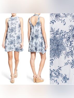 Way-In Embroidered Open Back Mini Boho Shift Dress Size S Black Blue